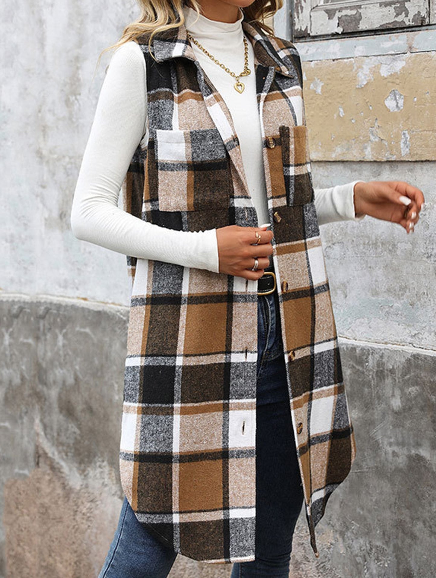 Elena Relaxed Fit Sleeveless Cardigan | Plaid Sleeveless Cardigan
