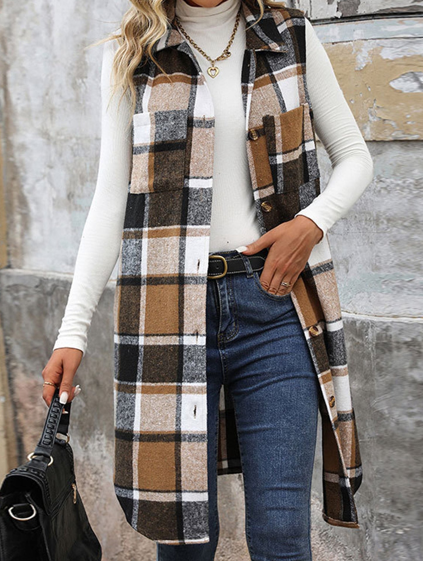 Elena Relaxed Fit Sleeveless Cardigan | Plaid Sleeveless Cardigan