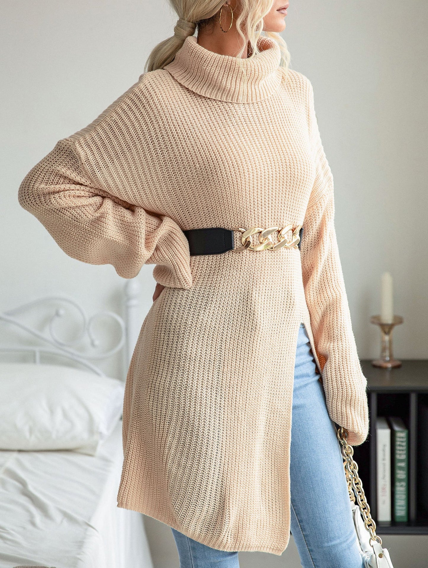 Sophie Tunic Turtleneck Sweater | Belted Turtleneck Sweater