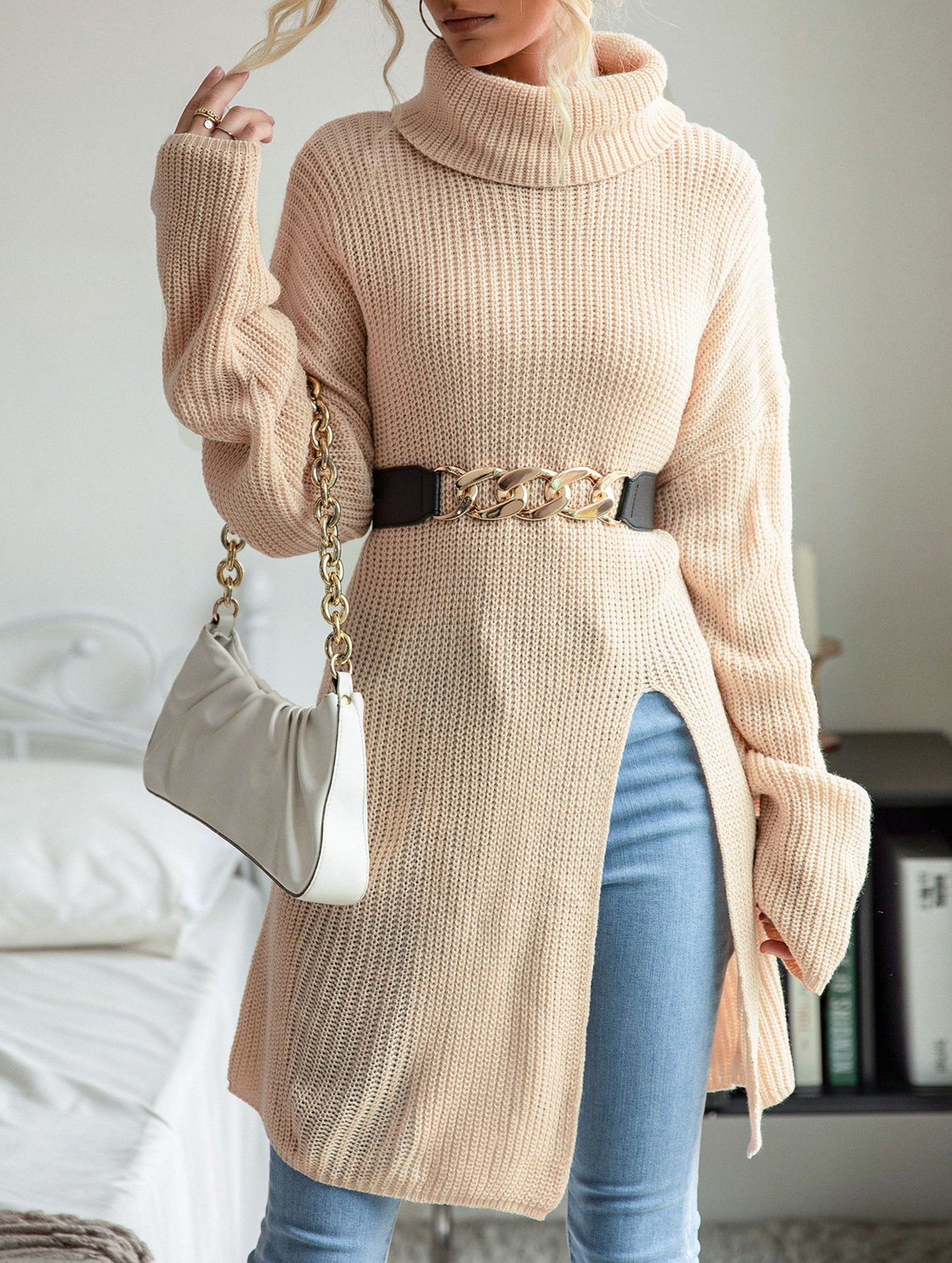 Sophie Tunic Turtleneck Sweater | Belted Turtleneck Sweater