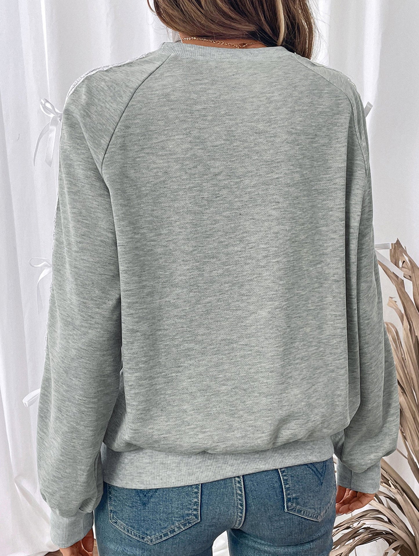 Elena Relaxed Fit Sweatshirt | Lace Panel, Bow Details Sweatshirt