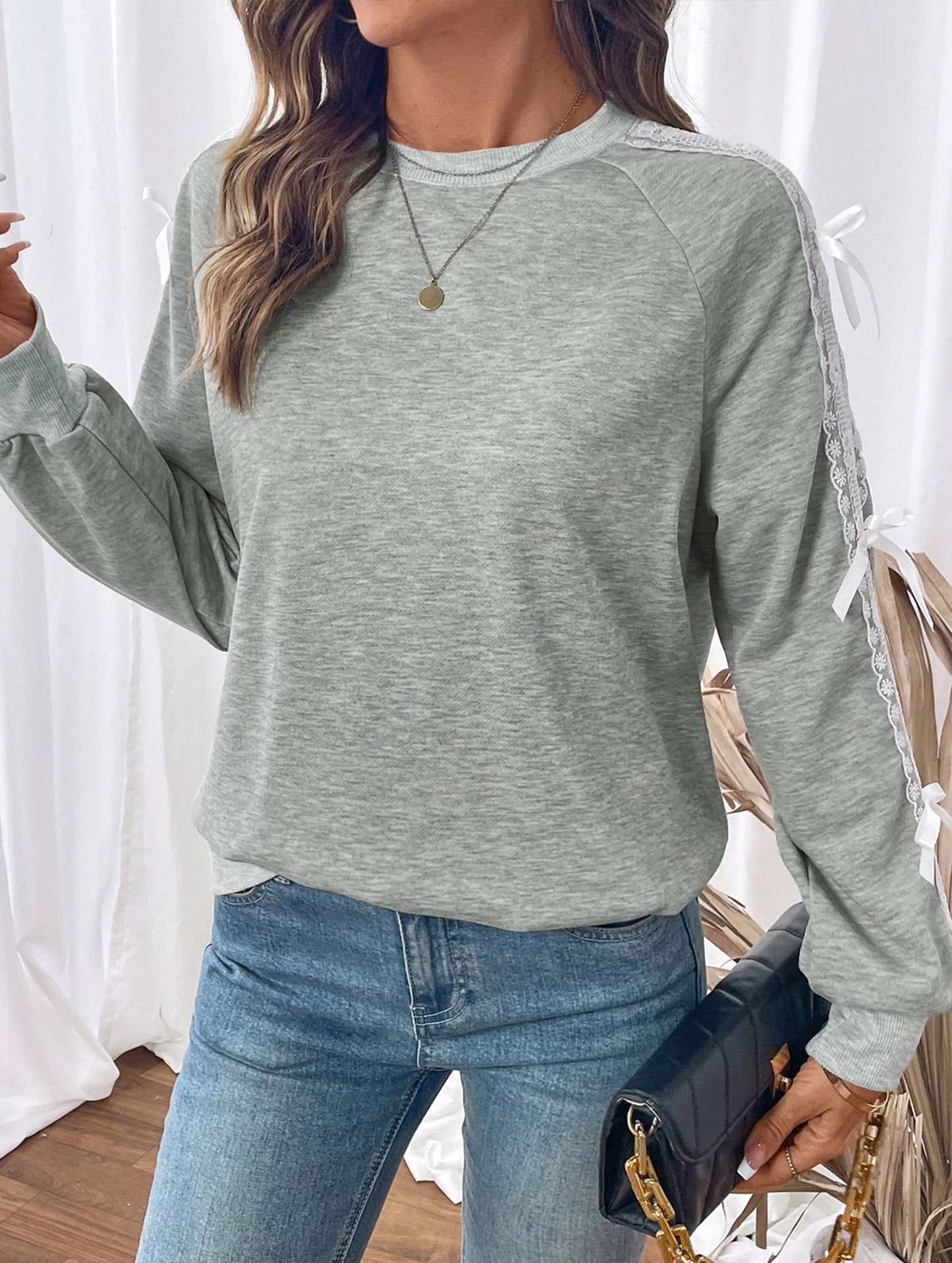 Elena Relaxed Fit Sweatshirt | Lace Panel, Bow Details Sweatshirt