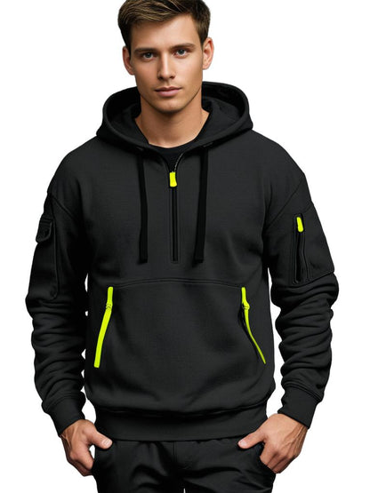 Men's Hoodie – Relaxed Fit – Light Cotton – Half Zipper – Utility Details