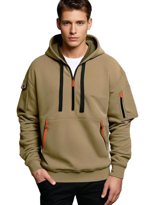 Men's Hoodie – Relaxed Fit – Light Cotton – Half Zipper – Utility Details