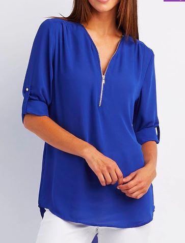Women's Blouse – Relaxed Fit – V-neck with Zipper – Roll-up Sleeves – Soft Drape
