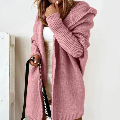 Women's Cardigan – Oversized Fit – Wool – Hood – Open Front – Ribbed Knit