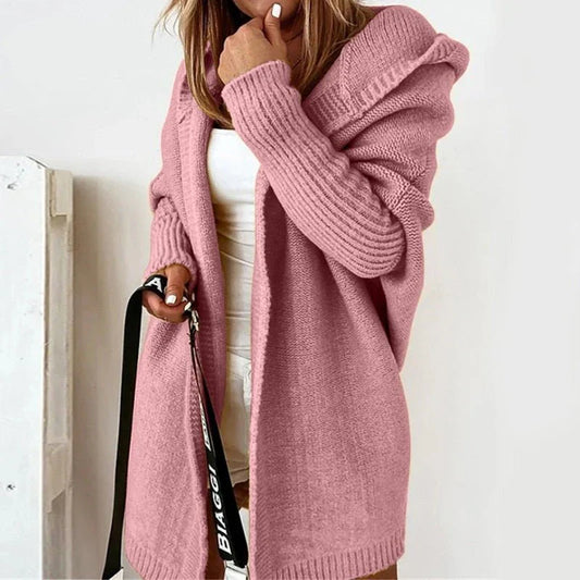 Women's Cardigan – Oversized Fit – Wool – Hood – Open Front – Ribbed Knit