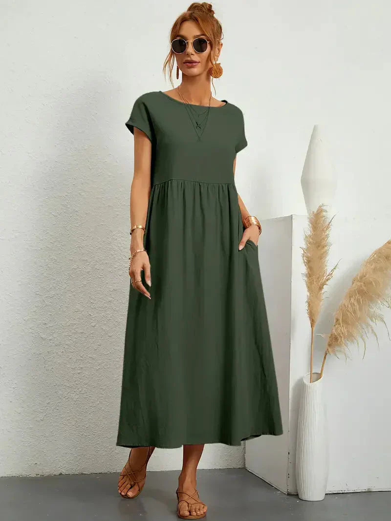 Women's Maxi Dress – Relaxed Fit – Short Sleeve – Breathable Natural Fiber – Loose Cut