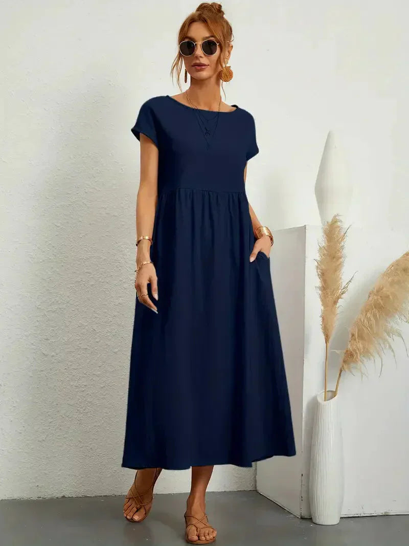 Women's Maxi Dress – Relaxed Fit – Short Sleeve – Breathable Natural Fiber – Loose Cut