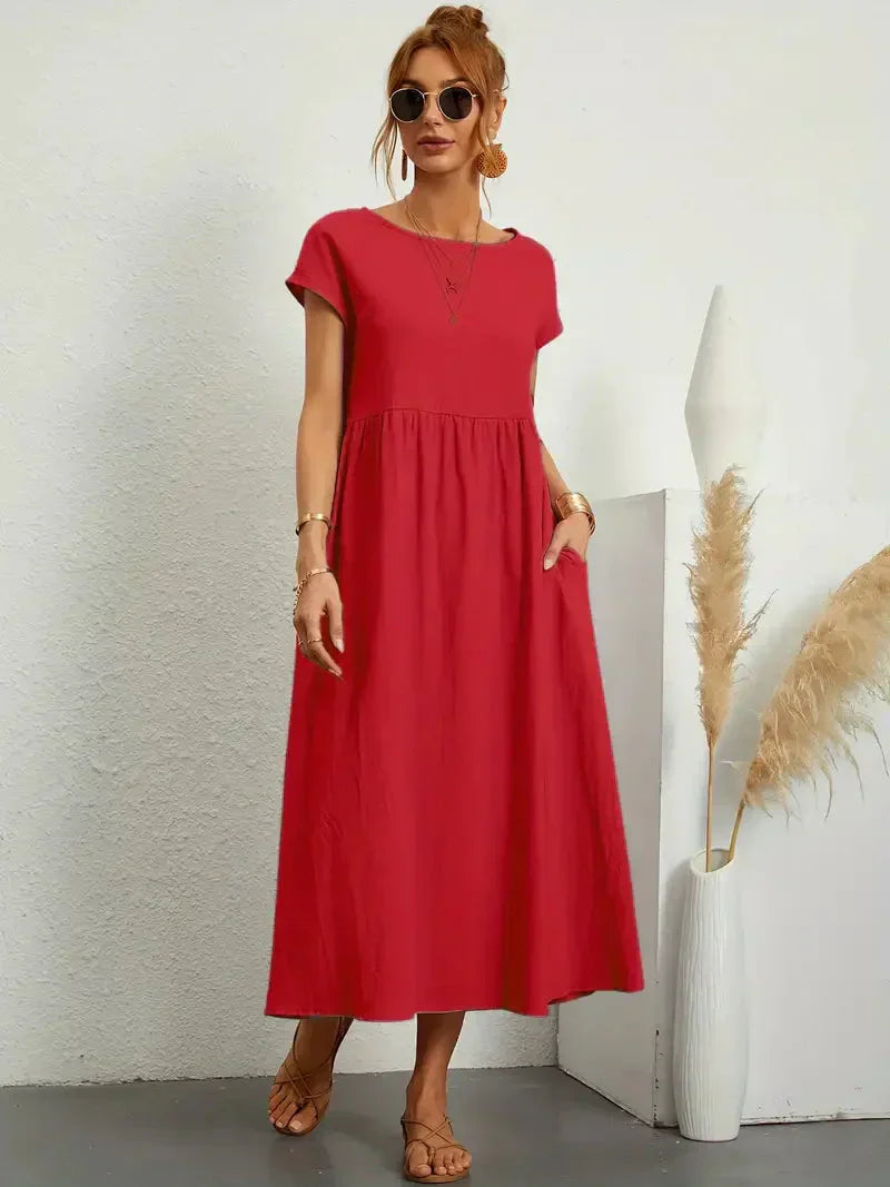 Women's Maxi Dress – Relaxed Fit – Short Sleeve – Breathable Natural Fiber – Loose Cut