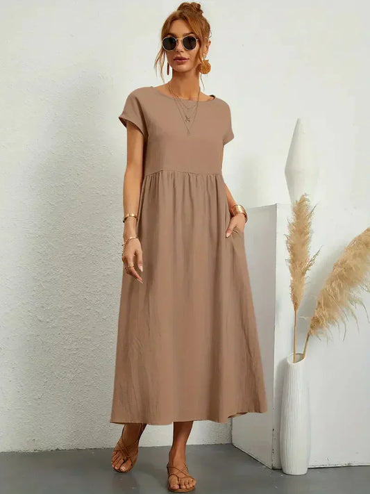 Women's Maxi Dress – Relaxed Fit – Short Sleeve – Breathable Natural Fiber – Loose Cut