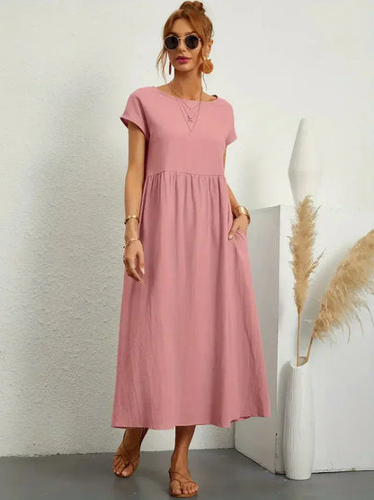 Women's Maxi Dress – Relaxed Fit – Short Sleeve – Breathable Natural Fiber – Loose Cut