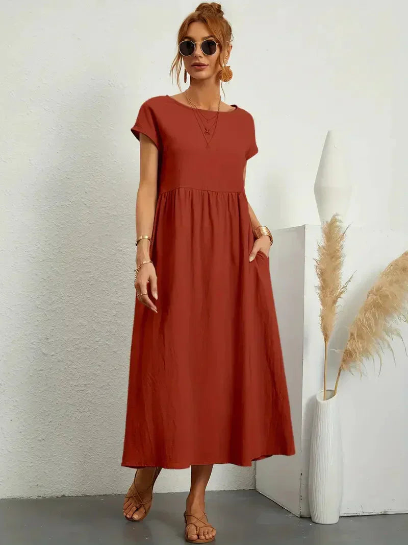 Women's Maxi Dress – Relaxed Fit – Short Sleeve – Breathable Natural Fiber – Loose Cut