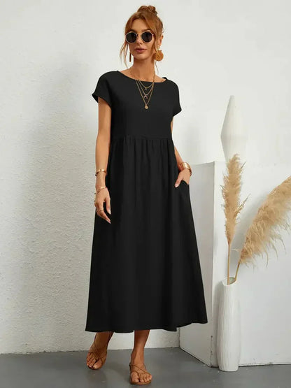 Women's Maxi Dress – Relaxed Fit – Short Sleeve – Breathable Natural Fiber – Loose Cut