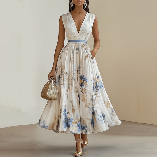 Dress woman – A-line fit – V-neck – Pleated midi – Luxurious fabric