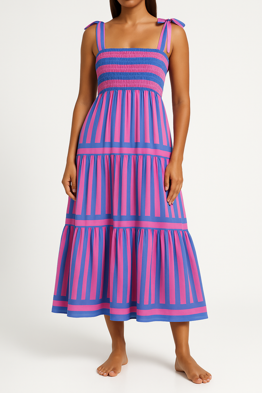 Women's Long Dress – Light Cotton – Smock Bodice – Ruffled Skirt – Adjustable Straps – Striped Pattern