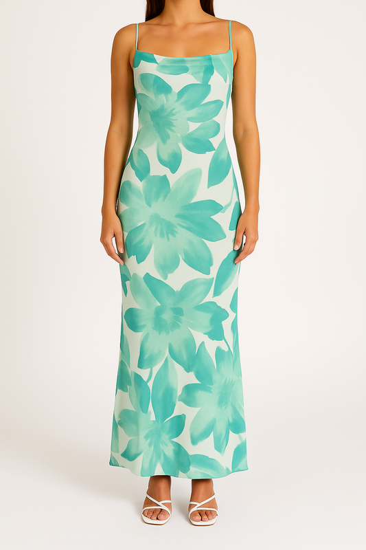 Dress for Women – Slim Fit – Spaghetti Straps – Floral Print – Ankle Length