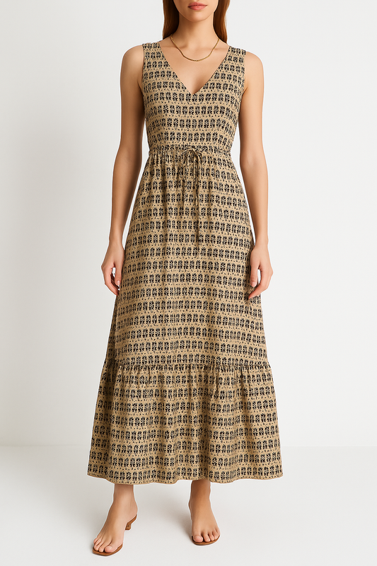 Women's Dress Midi – Sleeveless – Bohemian Pattern – V-Neckline – Waist Tie