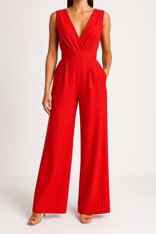 Women's Jumpsuit – High Waist – Deep V-neck – Wide Leg – Sleeveless Elegant Fit