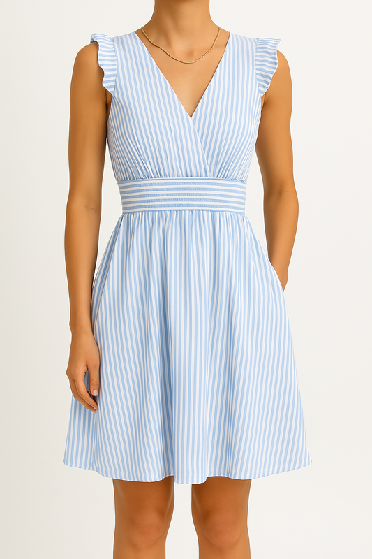 Dress for Women – Midi Length – A-Line – Stripe Pattern – V-Neck – Flutter Sleeves