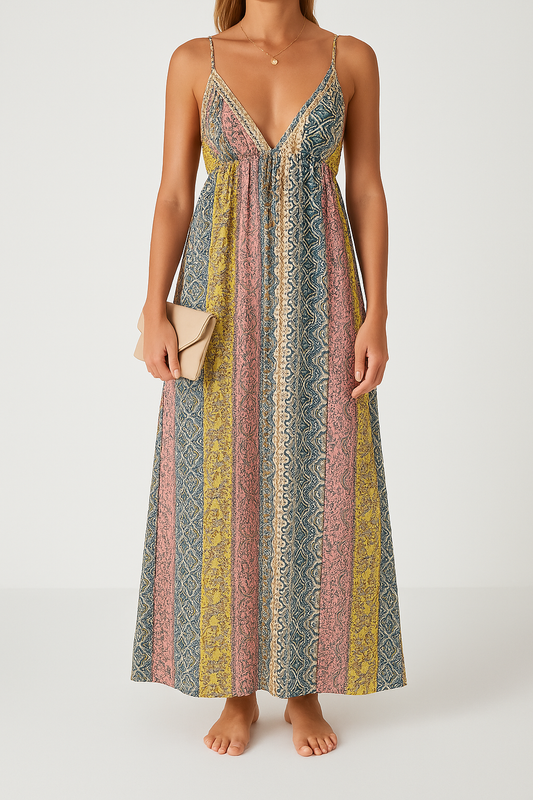 Women's Maxi Dress – Loose Fit – V-Neck – Open Back – Spaghetti Straps – Bohemian Pattern