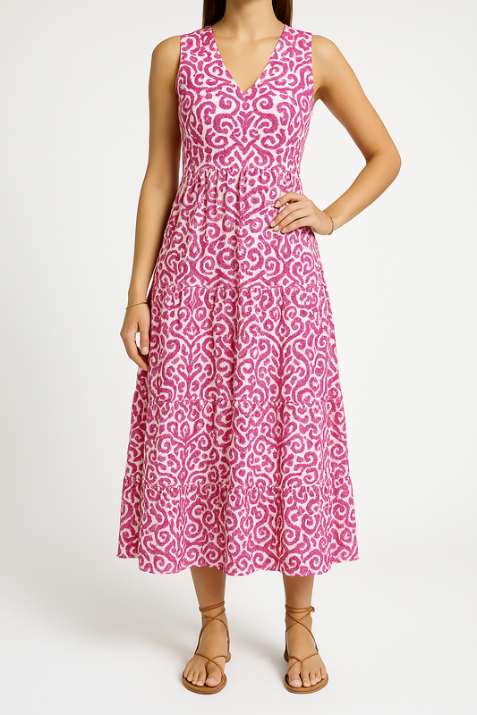 Women's Midi Dress – Sleeveless V-neck – Relaxed Fit – A-line – Abstract Pattern