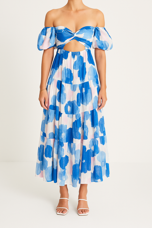 Dress woman maxi – airy fit – puff sleeves – cut-out – ruffle skirt – pattern