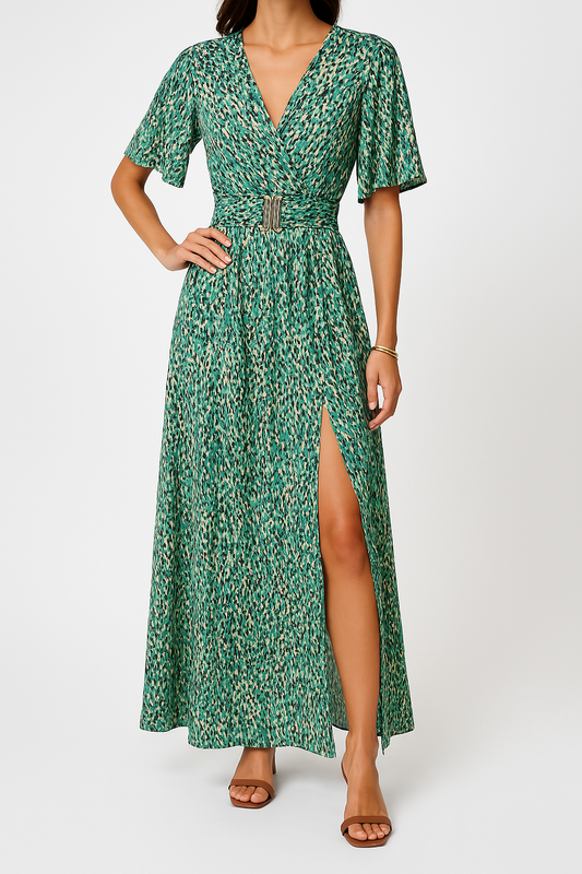 Dress for Women – Maxi Dress – Wrap Model – Belt at the Waist – Short Sleeve – V-Neck