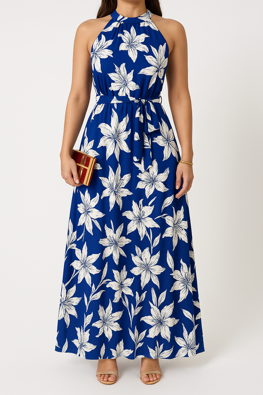 Dress for Women – Halterneck Maxi Dress – Floral Print – Ruffle Hem – Waist Belt