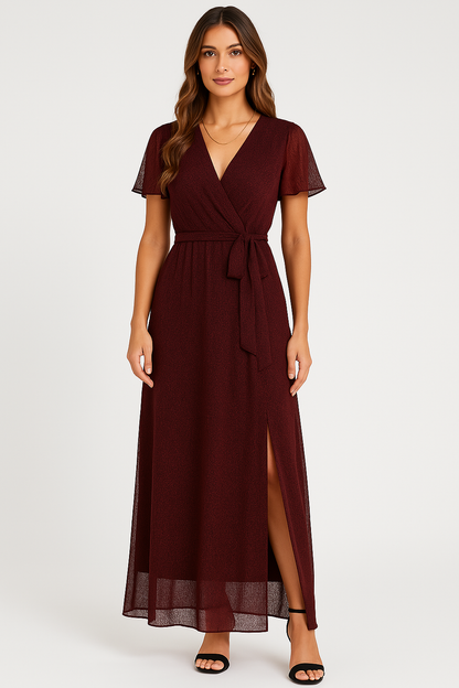Kjole for dame – Omslagsdesign – V-hals – Knytebelte – Sommerfuglerm – Splitt