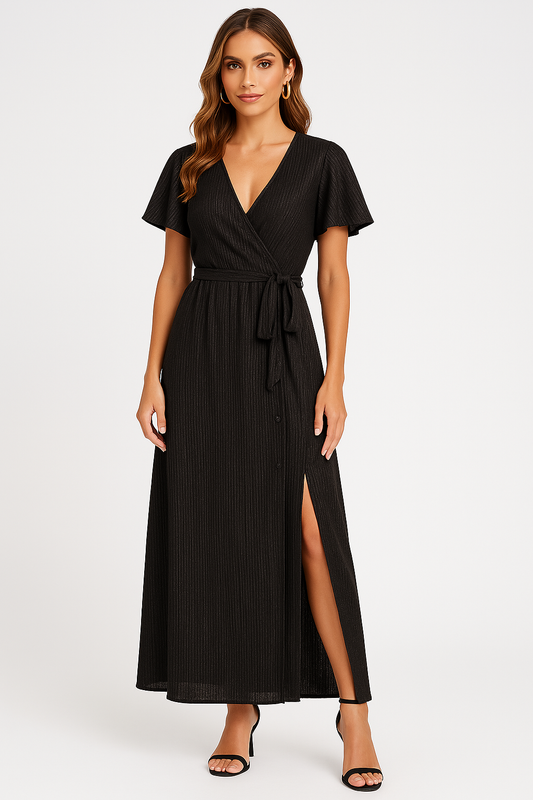 Dress for Women – Maxi Wrap Style – V-Neck – Waist Tie – Ruffle Sleeves – Slit