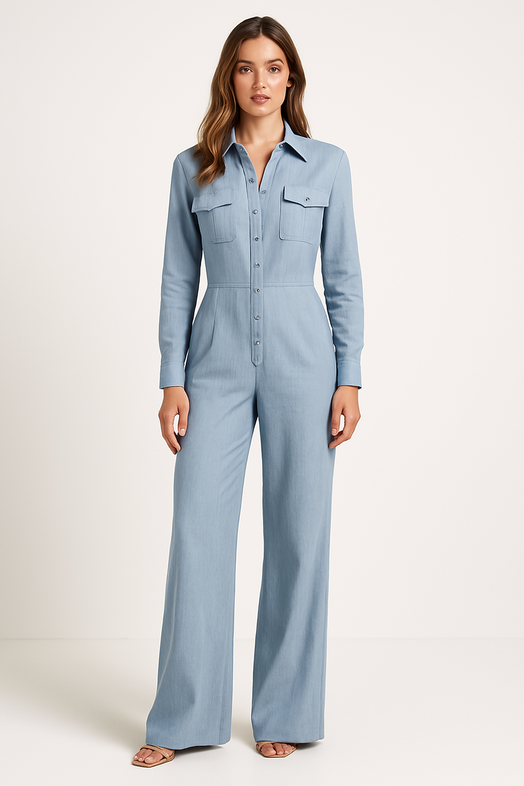 Women's Pantsuit – Tailored Fit – Cotton Blend – Wide Legs – Buttons – Shirt Collar – Long Sleeves