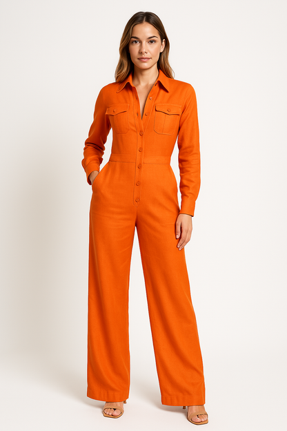 Women's Pantsuit – Tailored Fit – Cotton Blend – Wide Legs – Buttons – Shirt Collar – Long Sleeves