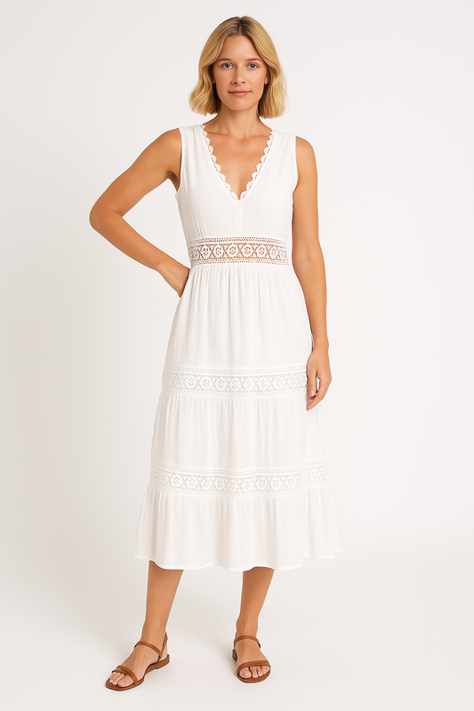 Dress woman midi – cotton blend – deep V-neck – sleeveless with lace inserts