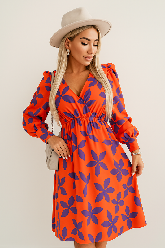 Dress for Women – Midi Length – V-Neck – Puff Sleeves – Fitted Waist – Floral A-Line