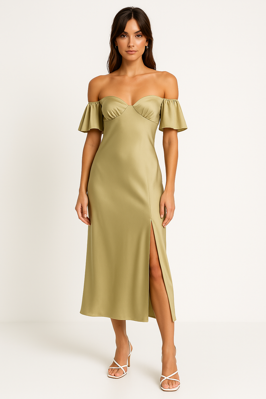Dress woman – Midi length – Slim fit – Satin finish – Off shoulder – Split – V-back