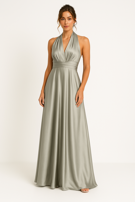 Dress for Women – A-line Fit – Satin – Deep V-neckline – Open Back with Tying