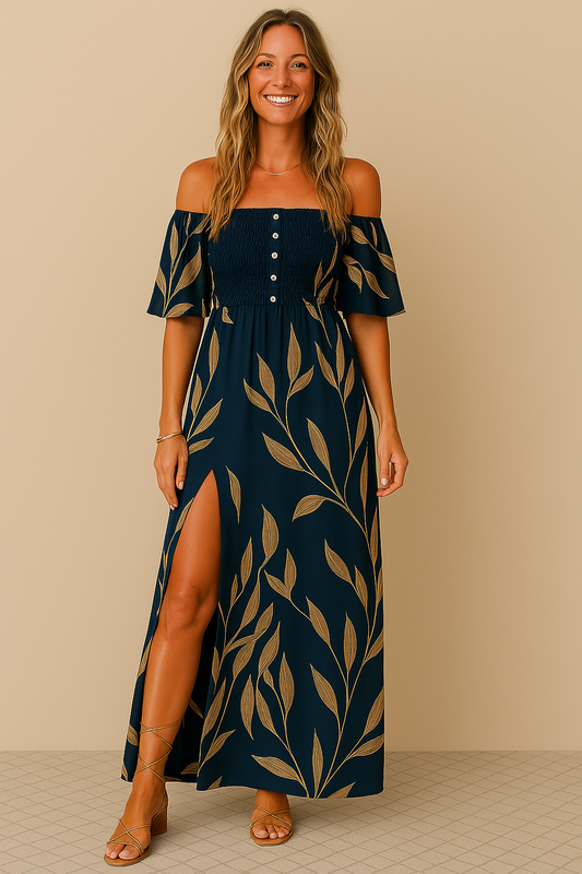 Dress for Women – Maxi – Off-shoulder – Tied Waist – Floral Print – Slit – Light Fit