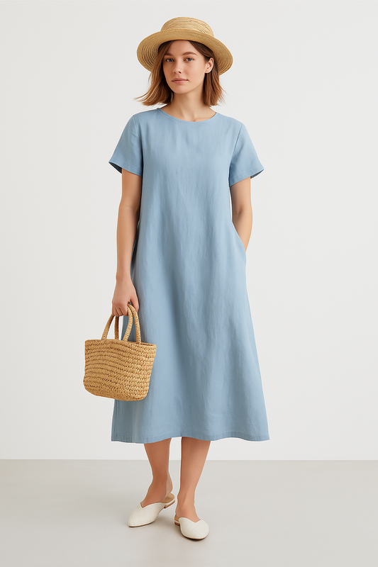 Women's Midi Dress – Light Fabric – Loose Fit – Short Sleeve – Simple Design