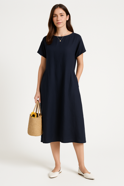 Women's Midi Dress – Light Fabric – Loose Fit – Short Sleeve – Simple Design
