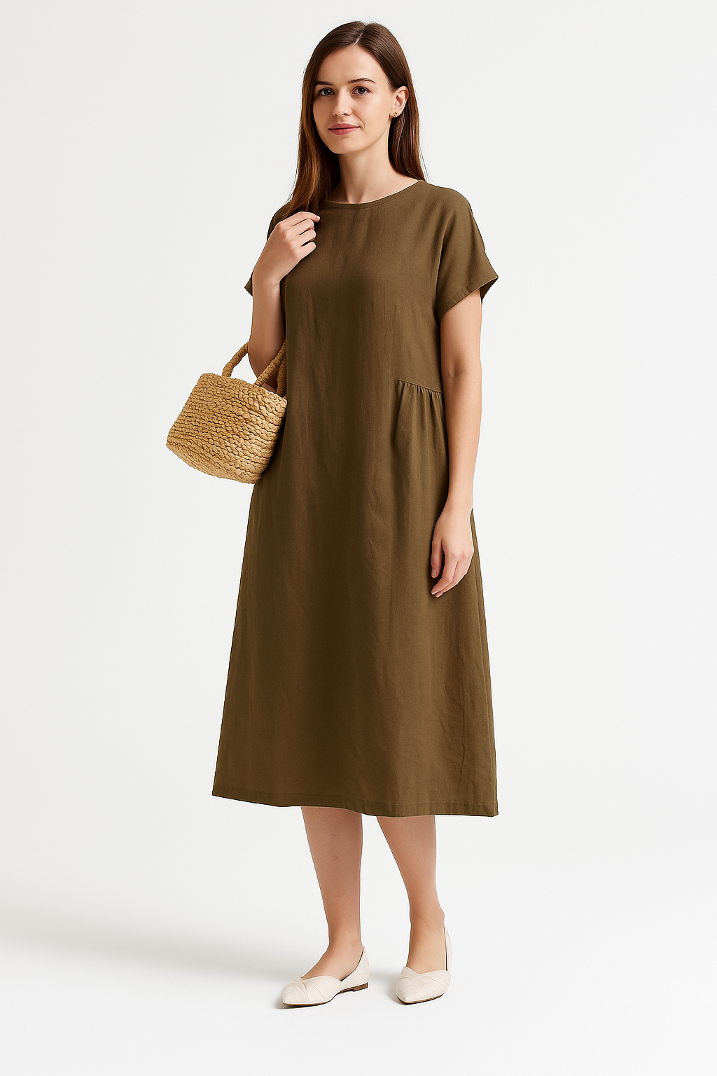 Women's Midi Dress – Light Fabric – Loose Fit – Short Sleeve – Simple Design