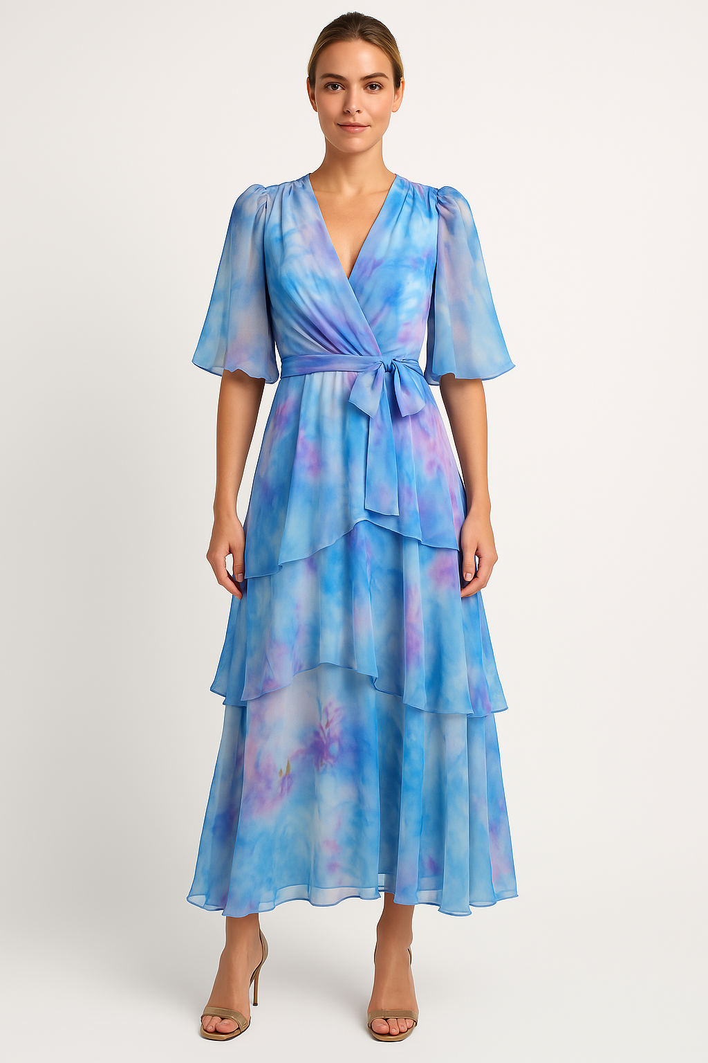 Maxikjole for dame – Chiffon – Omslagsmodell – Volangskjørt – Pufferm