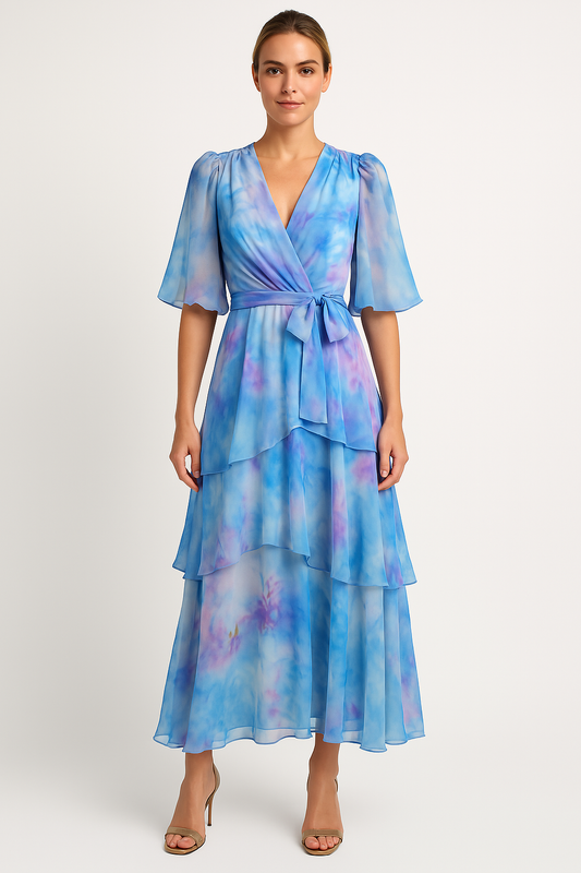 Maxi Dress for Women – Chiffon – Wrap Model – Ruffle Skirt – Puff Sleeves