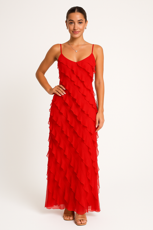 Dress woman – Maxi dress – Slim fit – Spaghetti straps – Ruffle details – Chiffon look