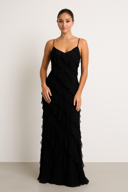 Dress woman – Maxi dress – Slim fit – Spaghetti straps – Ruffle details – Chiffon look
