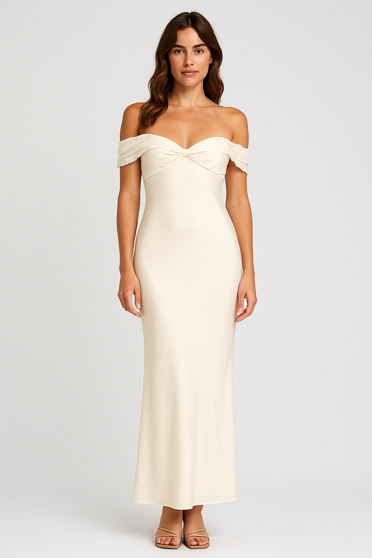 Women's Maxi Dress – Satin – Slim Fit – Off Shoulder with Ruffle