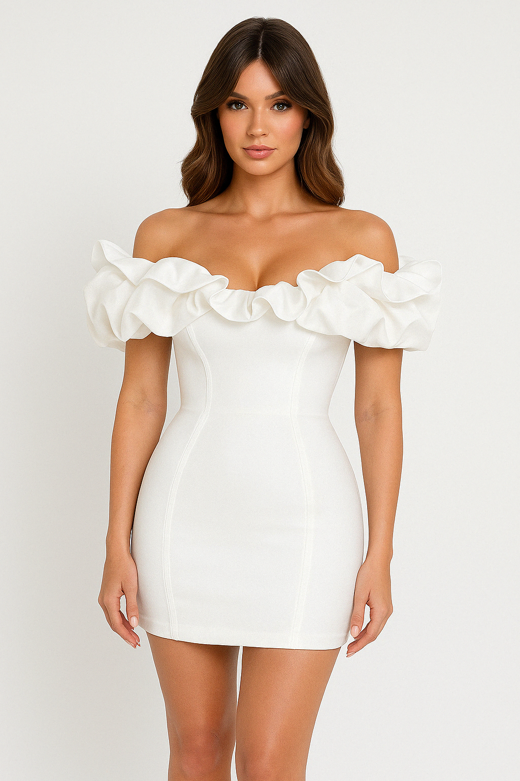 Kjole for dame – Minikjole – Tettsittende passform – Off-shoulder med volangdetaljer