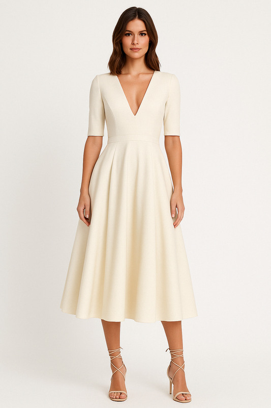 Dress for Women – Satin-like Fabric – Fitted Bodice – A-line – V-neck – Midi – Elbow-length Sleeves