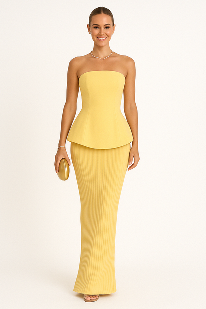 Dress woman maxi – strapless – peplum bodice – pleated skirt – elegant fit