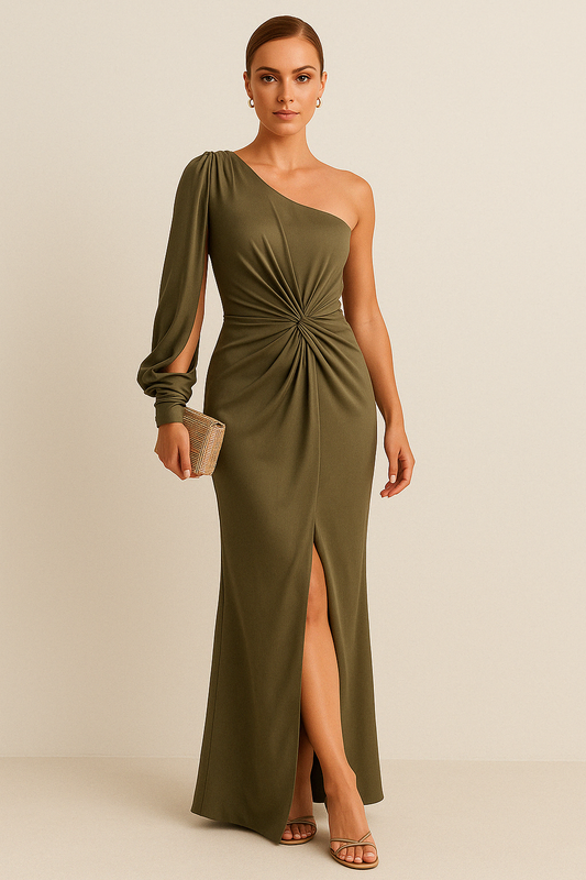 Dress woman – Maxi dress – Satin-like fabric – One-shoulder – Figure-hugging fit – High slit – Draped waist